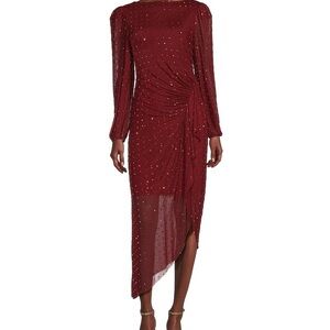 Alex Marie Belle Beaded Mesh Ruched Asymmetrical Midi Dress - Size 12 MSPR 188